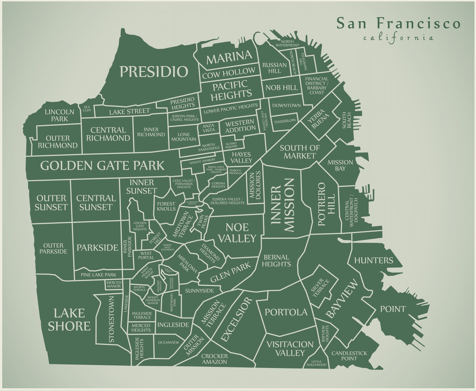 Map of San Francisco with every neighborhood outlined and labelled, from the Presidio and Richmond to Bayview, Excelsior and Visitacion Valley